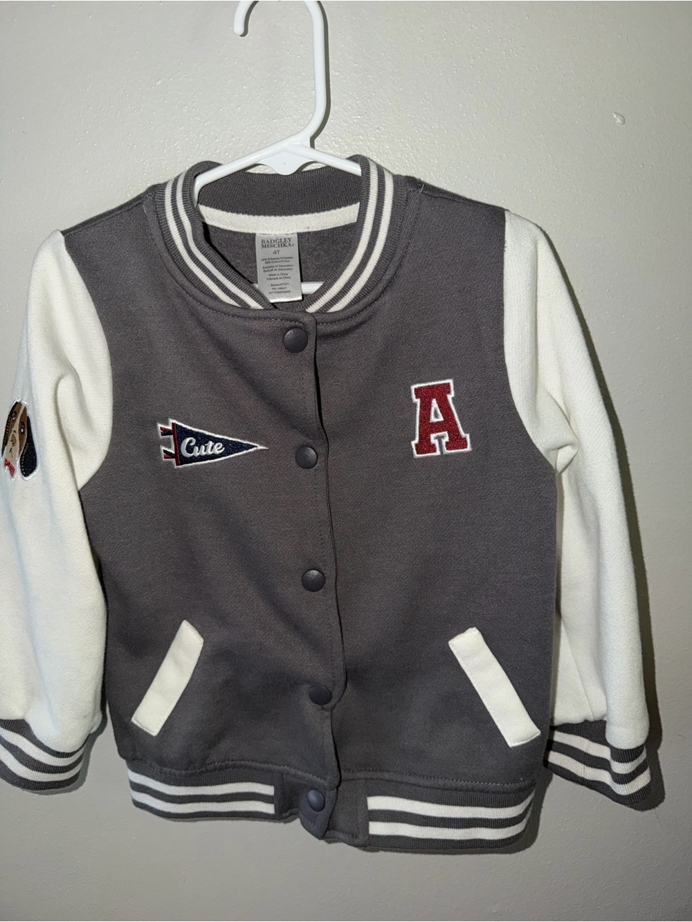 Badgley Mischka Kids Gray and White Varsity Jacket with Red 'A' Patch